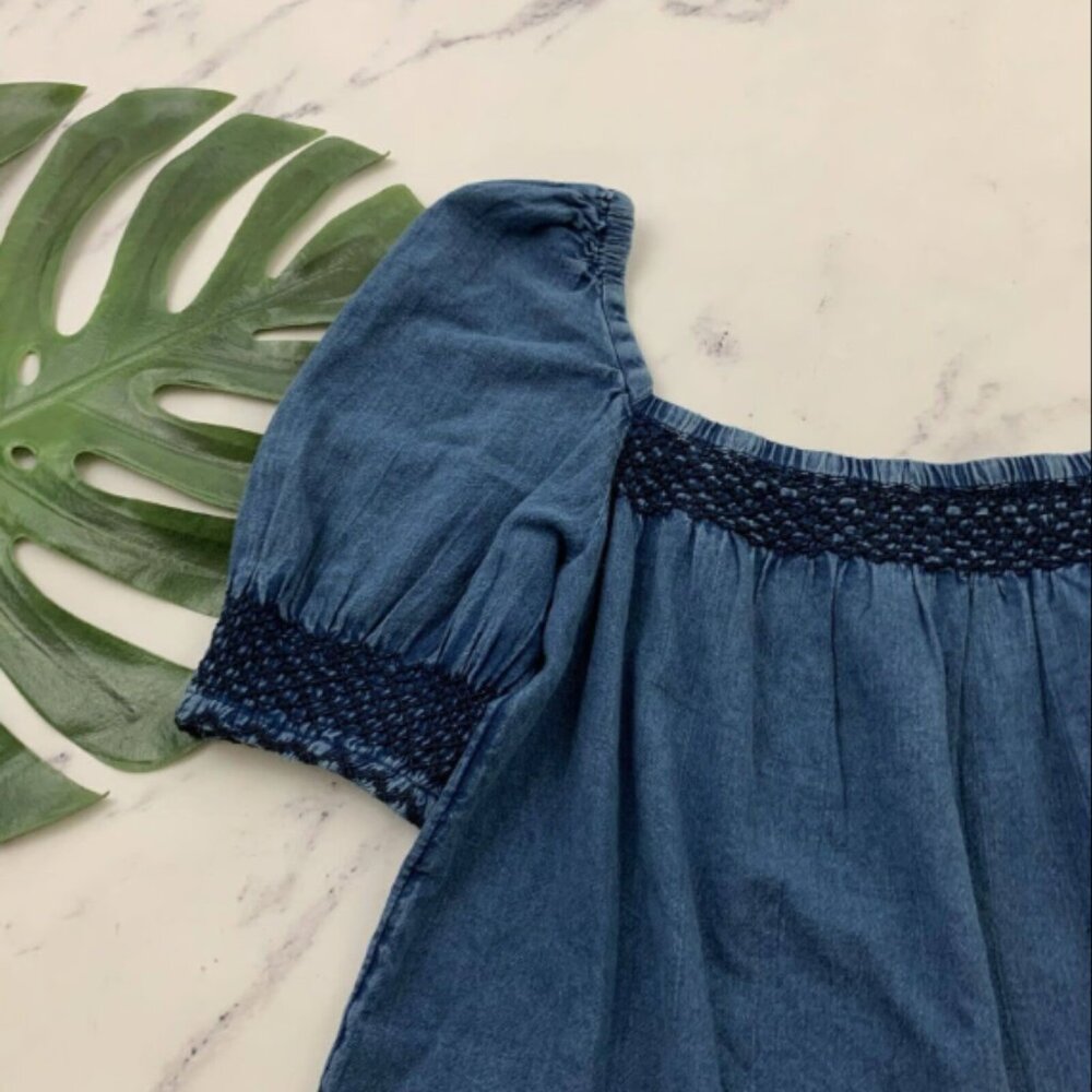 Womens Presley Chambray Top Size M Dark Indigo Blue Embroidered Trim - Picture 3 of 4
